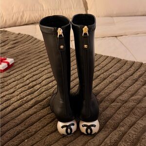 CHANEL Black and White Heeled Boots